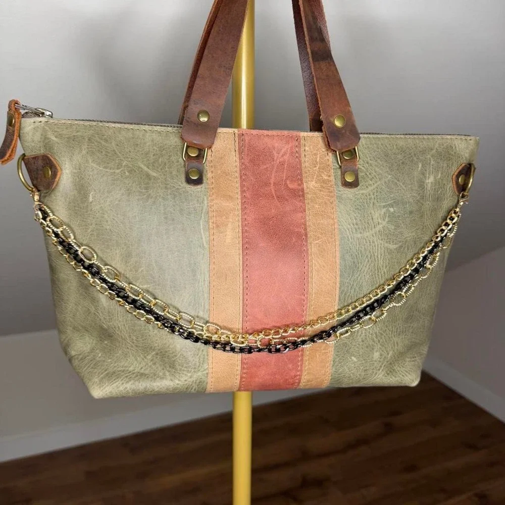 In Blue Distressed Leather Tote Bag Boho Moto Indie Sleaze Mixed Chain Purse